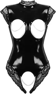 [Jhaoyu] Women Lace Trim High Neck Wet Look Bodysuit Lingerie Crotchless Latex Catsuit with Metal Chains