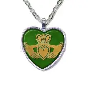 St. Patrick's Day Celtic Claddagh Design HEART-shaped glass pendant necklace