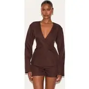 Deep Chocolate Tailored Cinched Waist Asymmetric Blazer, Deep Chocolate
