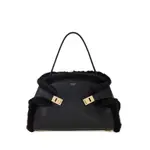 [Ferragamo] Ferragamo Medium Hug Soft Fur-trimmed Shoulder Bag ONE SIZE BLACK
