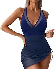[Generic] Casual One Piece Swimsuit Women,2025 Sexy V Neck Tummy Control Swimsuits,Trendy Mesh Sheer Sarong Wraps Beach Bathing Suit New