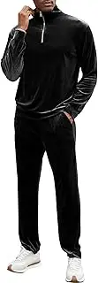 [LecGee] Men's 2 Piece Long Sleeve Tracksuit Velvet Quarter Zip Shirt Elastic Pant Velour Fall Casual Outfit Sweatsuit Set