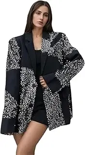 [Bciopll] Women's Sequines Patchwork Black Blazer Notched Collar Loose Long Sleeves Suit Jacket