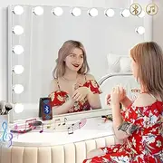 Hansong Vanity Mirror with Lights and Bluetooth Extra Large Hollywood Makeup Mirror with 18 pcs LED Bulbs Lighted Vanity Makeup Mirror with USB Charging, 3 Color Lighting Modes Tabletop or Wall Mount