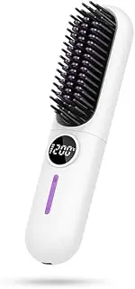 Cordless Hair Straightener Portable Travel Straightening Brush USB Rechargeable Mini Hot Ionic Straightener Comb for Women Fast Heating with 7 Temperature Adjustment (White)