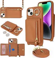 SunYoo for iPhone 13/14 Crossbody Case with Card Holders Money Slots Zipper Coin Purse Rotatable Ring Kickstand Cover Wristlet Strap Lanyard Litchi Leather Wallet Cover for iPhone13 iPhone14 Brown