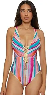 [Lucky Brand] Women's Porto Covo Plunge Maillot One Piece Swimsuit, Bathing Suits, Multicolor, Large