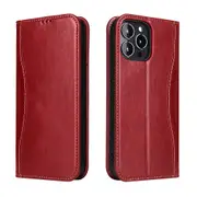 For iPhone 13 Pro Max Case Red Fierre Shann Genuine Cowhide Leather Wallet Cover