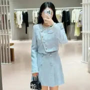 2024 Blue Sequin Beaded Diamond Jacket Tweed Half Skirt Women's 2pcs Coat Sets