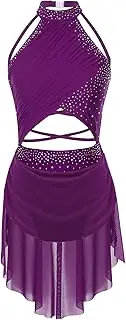[Raenseen] Womens Sparkly Rhinestone Lyrical Dance Costume Backless Skirted Latin Jazz Leotard Modern Contemporary Dancewear