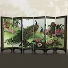 6 Panel Peacock Wooden Folding Screen Canvas Privacy Partition Divider Van Part