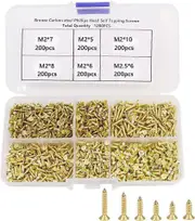 1200 Pieces Small Hinge Wood Screws M2/M2.5 Small Brass Screws 5/6/ 8/10/ mm Tiny Flat Head Cross Screws Assortment - Gold
