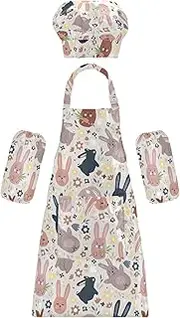 AIXIWAWA Kids Apron Chef Hat Set, Child Kitchen Bib Aprons Adjustable for Cooking Baking Painting (Bunnies and Flowers)