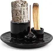 MrMrKura 4 in 1 Ceramic Incense Holder for Sticks, Incense Burner Ash Catcher Palo Santo Sage Holder for Home Decor Meditation Yoga (Black)