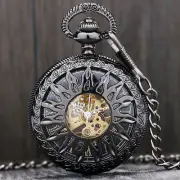 Old Fashion Steampunk Skeleton Mechanical Pocket Watch Windup Black Fob Watches