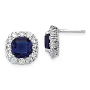 Sterling Silver Rhodium-Plated Blue Glass And Cz Post Earrings