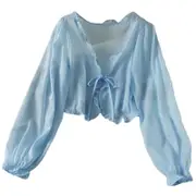 Women Summer Puff Long Sleeve Chiffon Tie Front Cropped Cardigans Ruffle Trim Lightweight Sheer Shawl Wrap Shrug Blouses Blue