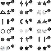 [ORAZIO] 18 Pairs Surgical Stainless Steel Stud Earrings For Women Men 20G Cartilage Earrings Studs Cross Moon Star Small Stud Earrings Black Gold Screw Flat Back Earrings Ear Piercing Studs Set