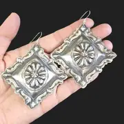 Navajo Tim Yazzie Old Style Sterling Silver Huge Square Concho Drop Earrings