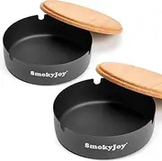Ashtray with Lid for Outside Patio, 2 Pack Windproof Ash Tray, Black Stainless Steel Smokeless Ashtray for Outdoor Home Office Tabletop Patio Outdoor Balcony, Meidium