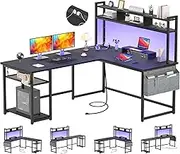 Aheaplus L Shaped Desk with Power Outlet & LED Strip, Reversible L-Shaped Corner Computer Desks Gaming Desk with Storage Shelf & Monitor Stand, Modern 2 Person Home Office Desk, Writing Desk, Black