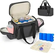 BAFASO Breastmilk Cooler Bag with Ice Pack and Waterproof Pad (Fits 6 Bottles, 4 to 5 Ounce), Breastmilk Cooler with Multiple Pockets, Black