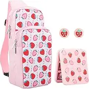 RHOTALL Cute Strawberry Shoulder Bag Compatible with Nintendo Switch/Switch OLED and Switch Lite, High Capacity Travel Backpack for Switch Accessories with Game Card Case and 2 Thumb Caps