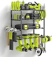 SUNALLY Power Tool Organizer, 4 Drill Holder Wall Mount, Garage Tool Organizer and Storage with Screwdriver Holder, Garage Organization, 4 Layer Cordless Drill Holder with Hammer Holder