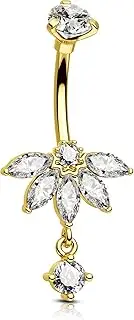 [COCHARM] Black Lotus Belly Button Rings, 14G Gold Dangle Belly Navel Rings for Women, Stainless Steel Belly Navel Piercing Jewellery