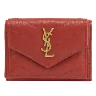 【YSL】金屬字母LOGO菱格V字紋三折零錢短夾(紅/金)