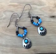 Peyote Bird Designs Silver Bear Paw Turquoise Beaded Hoop Earrings
