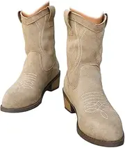 [ZJWBB] Women's Western Charm Cowgirl Boots Mid Calf Comfy Cowboy Boots For Women With Pointed Toe Short Chunky Classic Gray Khaki US5-10.5