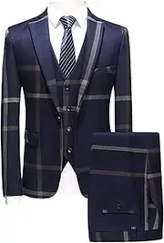 [Generic] Mens 3-Piece Slim Fit Plaid Suit Blazer Vest and Pants Set for Wedding Checked Casual Tuxedo Formal Suits