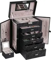 Rebirth Large 6 Tier Jewelry Box With Mirror And Lock For Earrings, Rings, Necklaces, Bracelets, Earrings, Black Faux Leather Gift Jjj004b