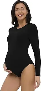 [Gowjog] Maternity Bodysuit Crew Neck with Long Sleeves Maternity Shirt Tops Jumpsuit Romper Pregnancy Shapewear Body Suit Pregnancy Stretchy Basic Body Suit Shirt