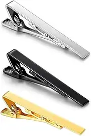 [Pryon] 3 Pack Tie Clips for Men, Long Style Necktie Bar Clip Set with Square Edges in Silver Gold Black, Classic Tie Tack Pins for Wedding, Business, Formal Suit, Shirt, or Skinny Tie Accessories, one size