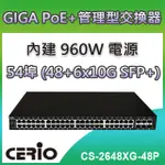 CERIO智鼎【CS-2648XG-48P】6埠SFP+10GIGABIT+48埠10/100/1000M GIGABIT POE+管理型網路交換器