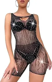 [Generic] Women's Fishnet Body Suits Women's Mesh Lace Bodysuit Rhinestone Bodysuit
