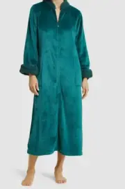 $140 Natori Women's Green Shearling Sherpa Trim Plush Velour Caftan Robe Size S