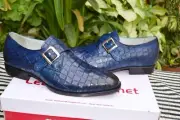 Handmade Men Blue Crocodile/Alligator Leather Single Monk Strap Dress Shoes