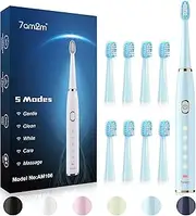 7AM2M Sonic Electric Toothbrush for Adults and Kids- High Power Rechargeable Toothbrushes with 8 Brush Heads,5 Adjustable Modes, Built-in 2-Minute Smart Timer,4 Hours Fast Charge for 30 Days (Blue)