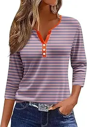 [Valtorixia] 3/4 Length Sleeve Women Henley V Neck Tops Casual Length Button Down Shirt Floral Print Blouses Plus Size Trendy Comfy Tees (color-b-33,Medium)
