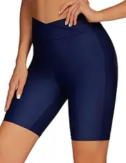 [Tournesol] Women's 8'' Swim Shorts High Waisted Bathing Suit Bottoms Long Cross Waist Swimsuit Swimwear Boy Shorts