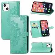 For iPhone 13 Case,Mandala Emboss PU Leather Wallet Cover,Lanyard,Green