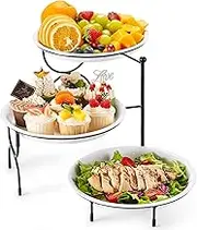Lifewit 3 Tier Plastic Serving Tray Platter for Party Entertaining, 10" x 10" Large Dessert Table Display Set, White Reusable Round Dishes with Black Metal Display Stand for Veggie, Fruit, Cookies