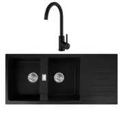 ACA 116X50CM Black Granite Stone Kitchen Sink With Kitchen Tap Set Double Bowls Drainboard Top Flush Mount