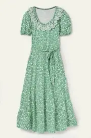 Brand New Boden Trim Detail Jersey Midi Dress Rich Emerald Wildflower Sprig Sz 8
