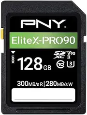 PNY 128GB EliteX-PRO90 UHS-II SDXC Memory Card – R300MB/s W280MB/s, U3, V90, 8K UHD, Full HD, UHS-II for Professional Photographers & Content Creators, DSLR, Mirrorless Cameras, Advanced Video Cameras