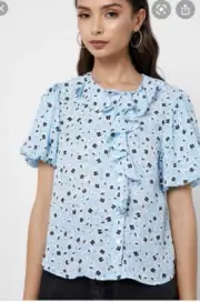 Topshop Floral Ruffle Tea Top In Light Blue Multi Size 4 MSRP $60