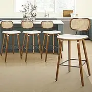 ALFORDSON 4X Bar Stools, Vintage Kitchen Dining Chair with 35cm Rattan Backrest and 65cm Leather Seat, Counter Barstools with Footrest for Home Bar Dining Room, Fiona Wooden White